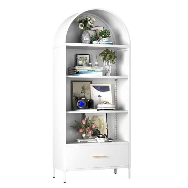 Hephastu 31 in. W x 73 in. H x 15 in. D 4-Tier Metal Arched Cabinet,Modern Farmhouse Bookshelf with 2-Adjustable Shelves in White