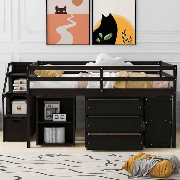 Full Size Loft Bed with Retractable Writing Desk and 3 Drawers, Storage Stairs and Shelves, Espresso