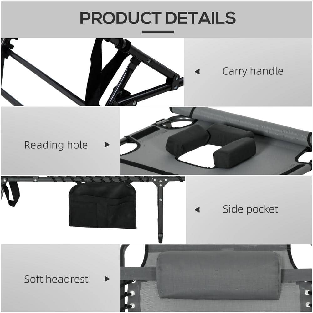 Gray Mesh Folding Outdoor Chaise Lounge with Reclining Backrest