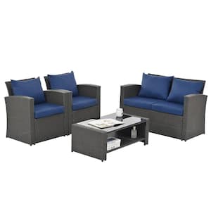 Gray 4-Pieces Outdoor Patio Furniture Set PE Rattan Wicker with Dark Blue Cushions