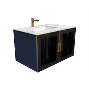 Solaria 36 in. W x 22 in. D x 21.5 in. H Single Left Floating Bath Vanity in Blue with Faux White Marble Porcelain Top