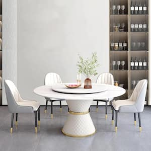 59.05 in. Rotable Round Lazy Susan Sintered Stone Tabletop with Pedestal PU Leather Base Kitchen Dining Table (8-Seats)