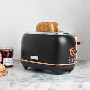 Heritage 900-Watt 2-Slice Wide Slot Black and Copper Retro Toaster with Removable Crumb Tray and Adjustable Settings