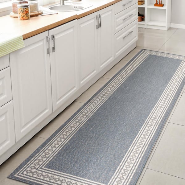 Lucia Classic Diamond Border Blue/Cream 2 ft. x 8 ft. Indoor/Outdoor Runner Rug