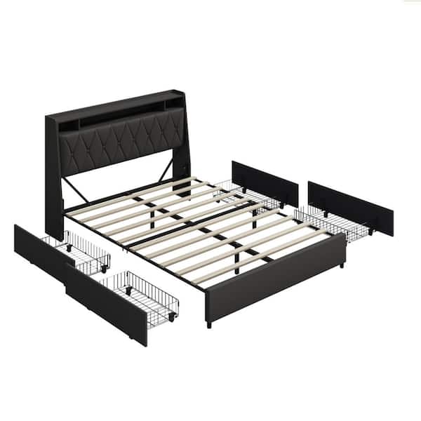 ANBAZAR Black Metal Frame Queen Size Platform Bed with Outlet and USB Ports and Storage Drawers, No Noise