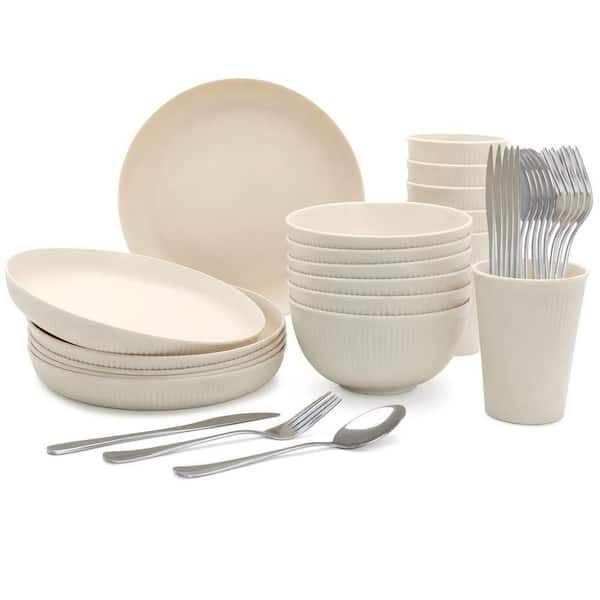 Round 36-Piece, Eco Wheat Straw, Cream, Polypropylene, Unbreakable Microwave Safe Kitchen Dinnerware Set, Beige