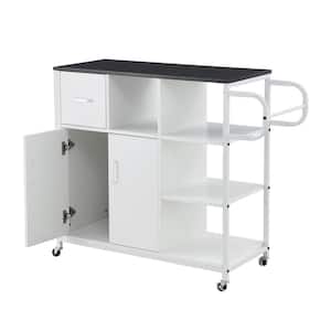 White MDF Wood-top 35.43 in. W Kitchen Island with Drawer and 4-Open Shelves