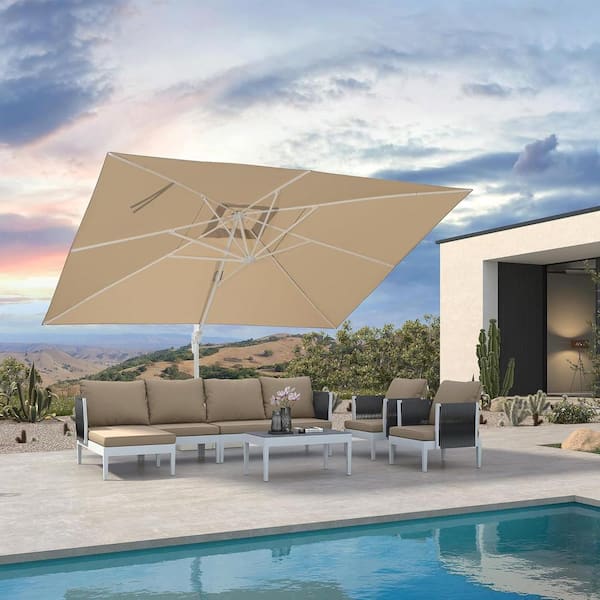 10 ft. x 13 ft. Outdoor Patio Cantilever Umbrella White Aluminum Offset 360° Rotation Umbrella with Base, Beige