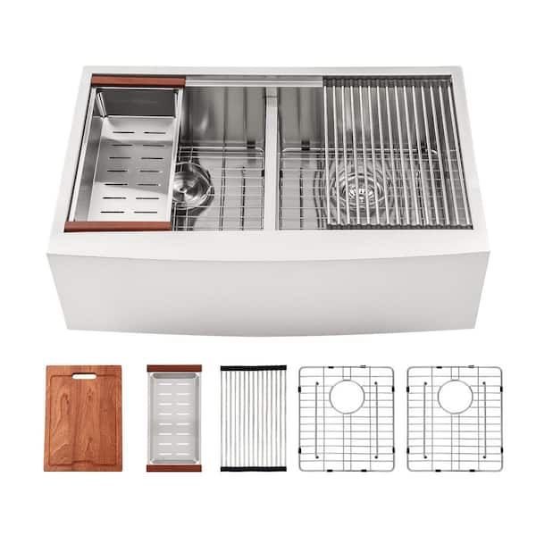 33 in. Farmhouse Double Bowl 16-Gauge Stainless Steel Workstation Low Divider Farmer Kitchen Sink with Bottom Grids