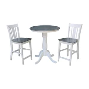 Hampton 3-Piece 30 in. White/Heather Gray Round Solid Wood Counter Height Dining Set with San Remo Stools