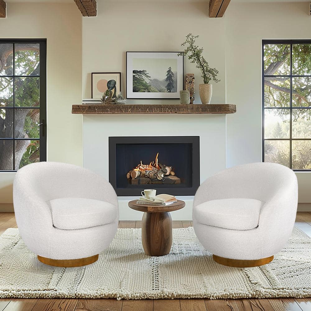 Cream Sherpa Barrel Swivel Chair with Wood Base