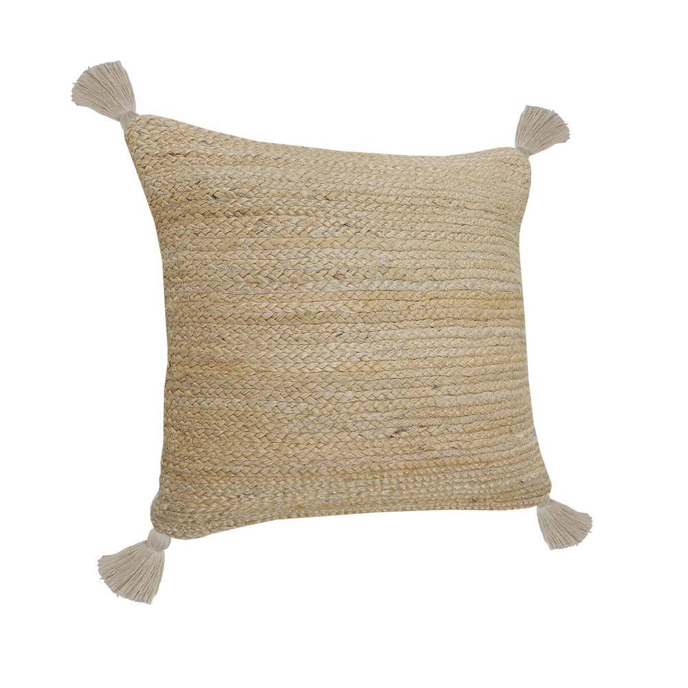 Natural Jute Square Throw Pillow with Tassels, 20" x 20"