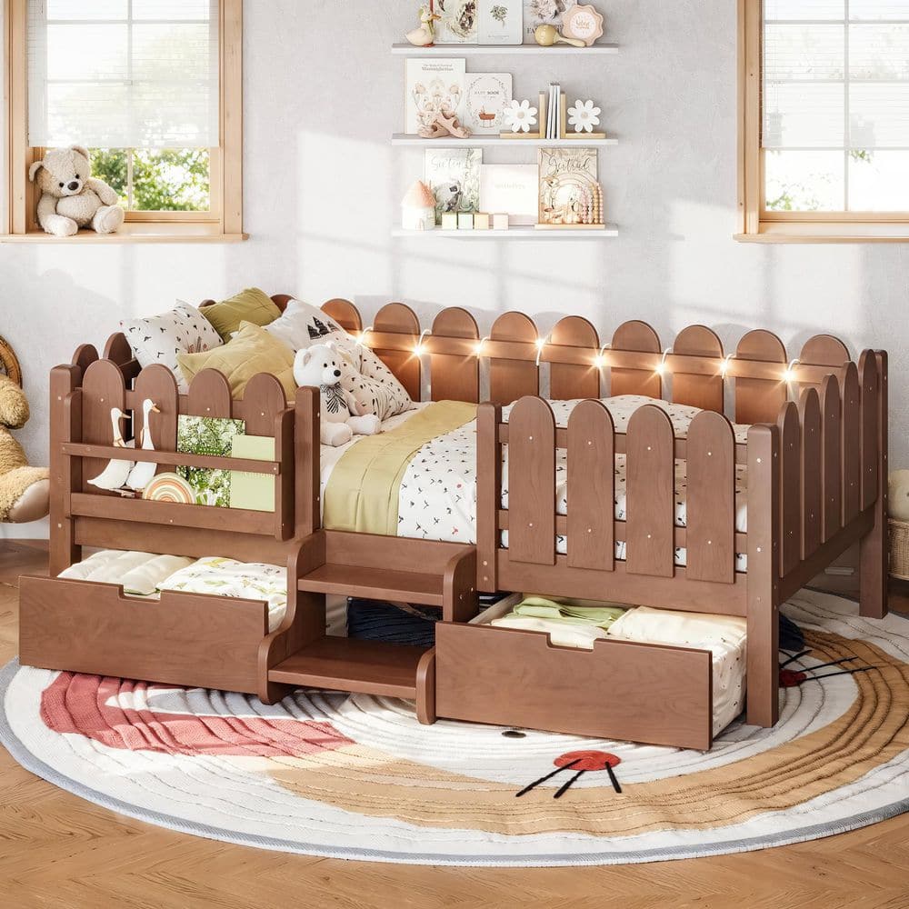 Antique Natural Twin Wood Frame Platform Bed with LED Lights, Safety Guardrails, Bookshelf, Stairs and 2 Storage Drawers