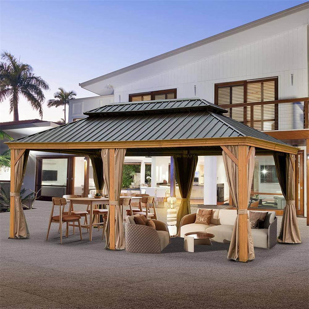 TAUS 12' X 20' Outdoor Hardtop Gazebo - Aluminum Brown Wood Grain Frame Double Roof