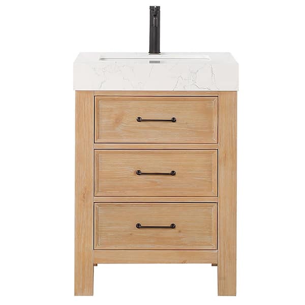 León 24 in.W x 22 in.D x 34 in.H Single Sink Bath Vanity in Fir Wood Brown with White Composite Stone Top