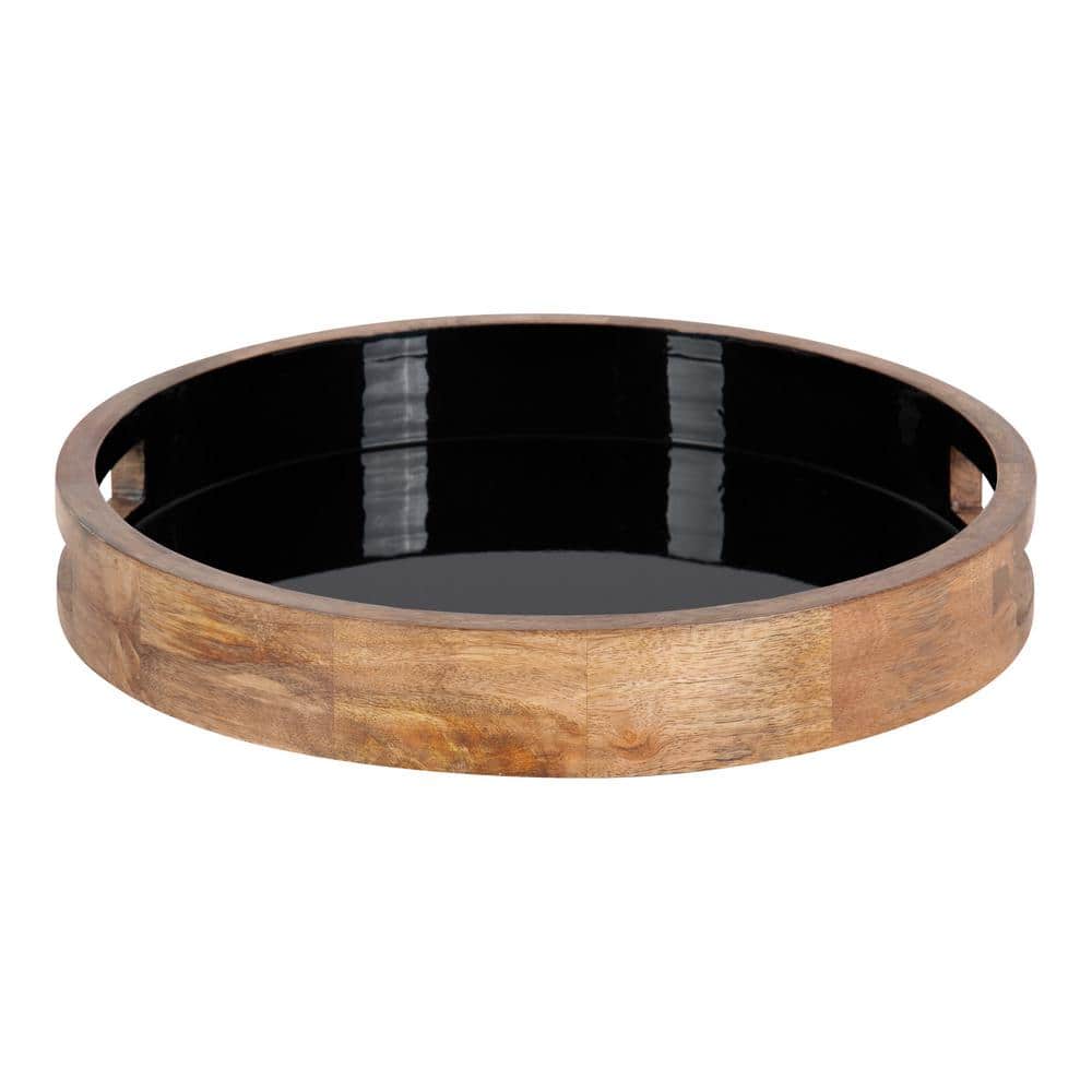 Natural and Black Round Mango Wood Tray with Handles