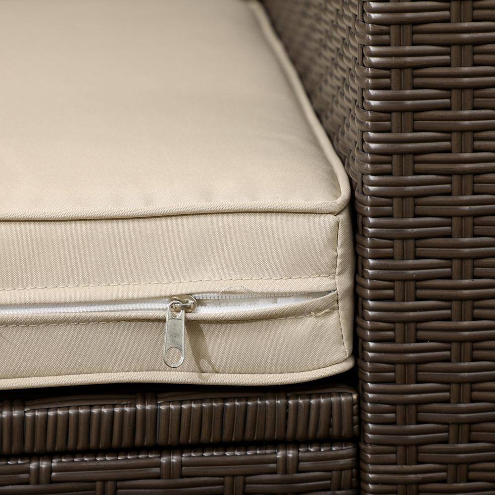 Beige Wicker Outdoor Loveseat with Cushions and Throw Pillows