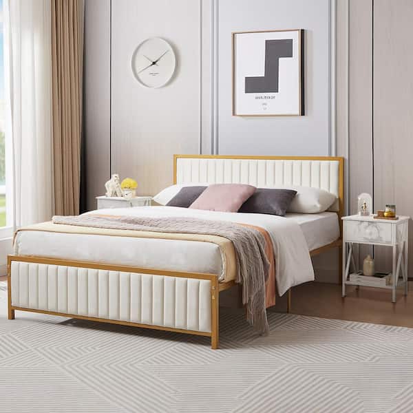 Beige Upholstered Platform Bed Gold Frame and 2 Nightstands with Drawer Set 3-Piece White Metal + Wood Queen Bedroom Set