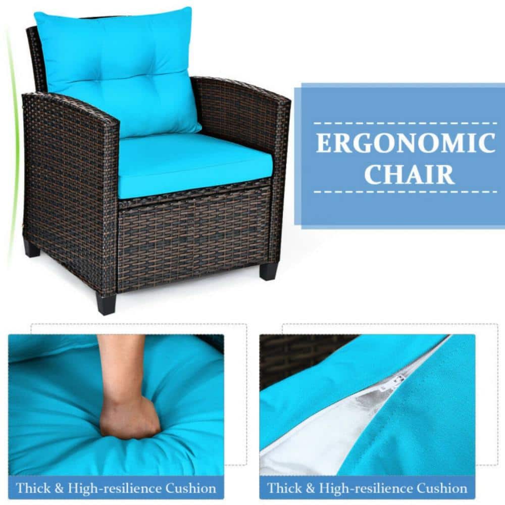 Turquoise Cushioned Rattan 3-Piece Patio Conversation Set