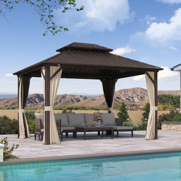 10 ft. x 12 ft. Bronze Aluminum Outdoor Hardtop Gazebo Metal Frame Galvanized Double Roof with Curtains and Nettings
