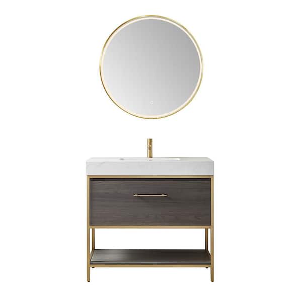 ROSWELL Palma 36 in. W x 22 in. D x 33.9 in. H Bath Vanity in Suleiman Oak with White Composite Grain Stone Top and Mirror