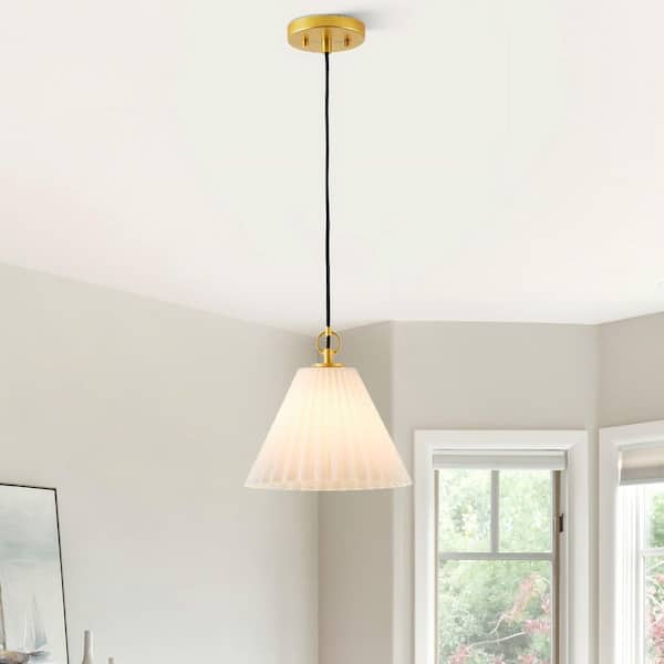 10 in. 1-Light Painted Gold Dimmable Outdoor Pendant Light with Opal Glass Shade