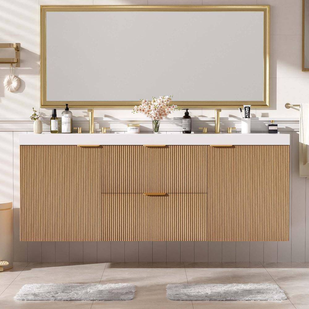 60 in. Double Sink Floating Natural Wood Bath Vanity with White SMC Resin Top, Soft-closing Door & U-shaped Drawer price history on PriceWatchPro