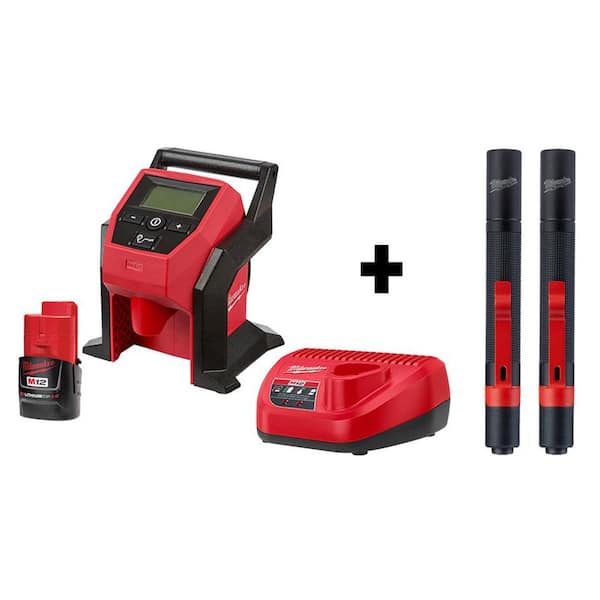 Milwaukee M12 12-Volt Lithium-Ion Cordless Compact Inflator with 2.0 Ah Battery and Charger & 100 Lumens Pen Light (2-Pack)