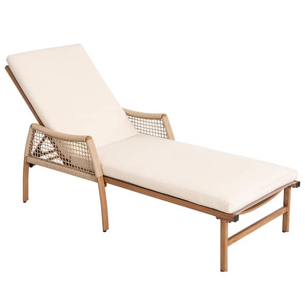 Brown Aluminum and Rattan Outdoor Chaise Lounge Chair with Beige Zippered Cushion