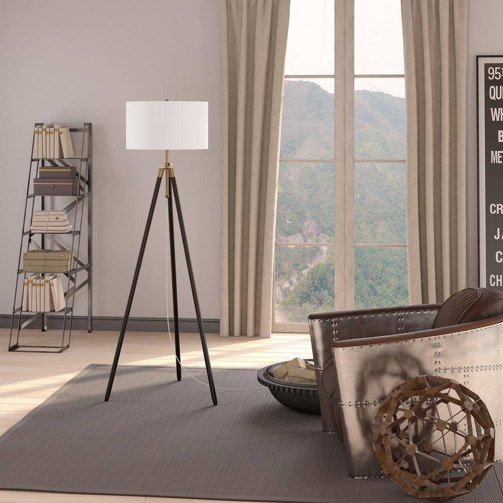 Elegant Two-Tone Tripod Floor Lamp with Linen Shade - Bronze and Brass