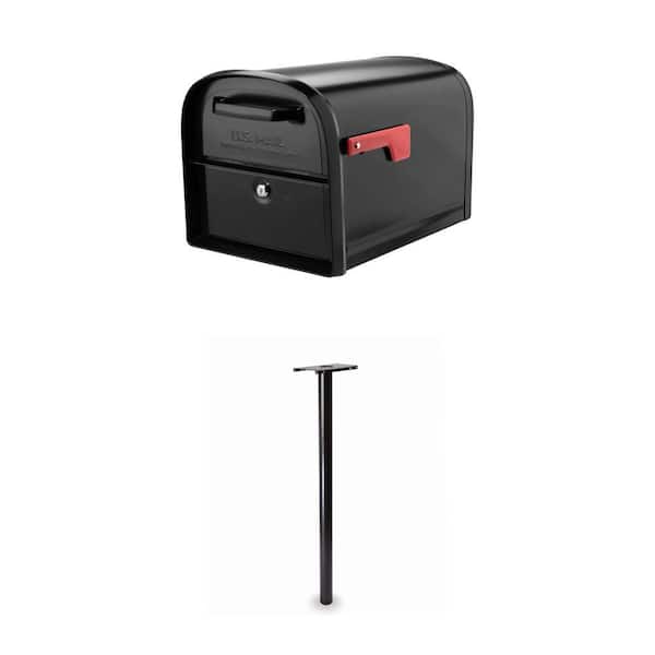 Oasis 360 Black Large Steel Locking Parcel Mailbox and Pacifica In-Ground Black Steel Mailbox Post Combo