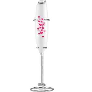 Powerful Milk Frother Handheld Foam Maker for Lattes - White with Hearts