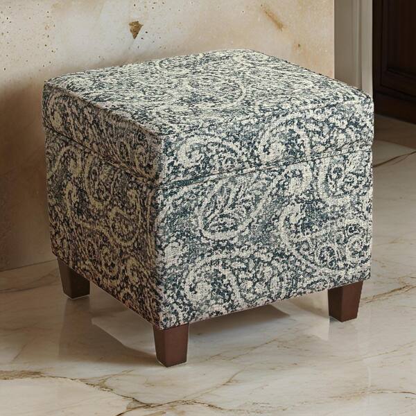 Benjara Blue and Gray Fabric Square Accent Ottoman Medium