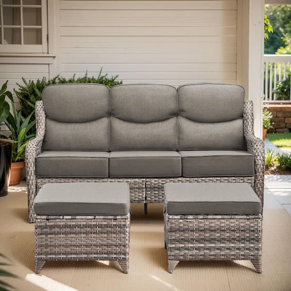 Arcadia 3-Piece Gray Wicker Outdoor 3-Seat Couch with High Curved Back and 6 in. Thick Gray Cushions and Ottomans