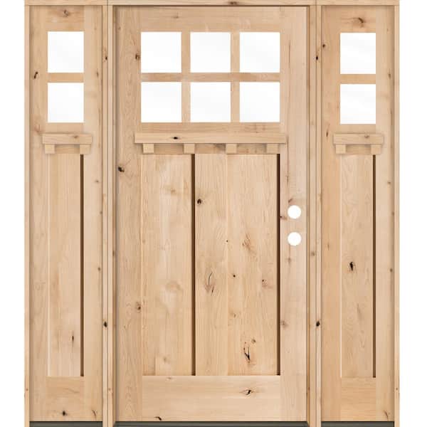 Krosswood Doors 64 in. x 80 in. Craftsman Knotty Alder 2 Panel 6-Lite DS Unfinished Left-Hand Inswing Prehung Front Door with Sidelites