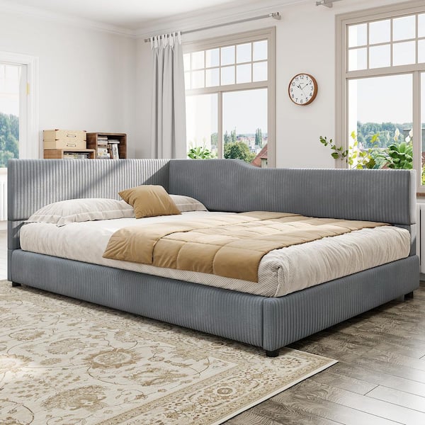L-Shaped Gray Full Size Luxurious Corduroy Upholstered Daybed