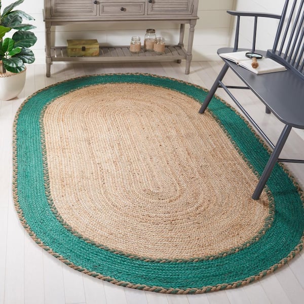 Natural Fiber Beige/Green 5 ft. x 8 ft. Border Woven Oval Area Rug