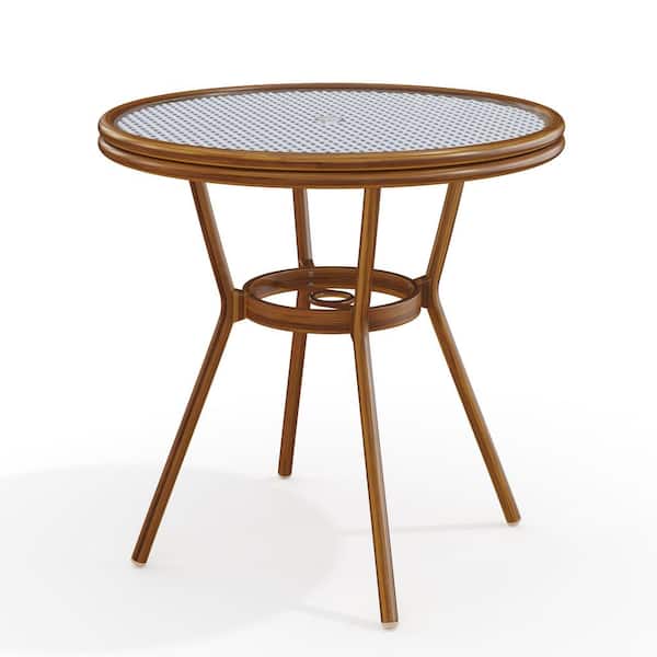 Lily Pond Natural Woodgrain Aluminum 31.5 in. Round Indoor-Outdoor Bistro Dining Table with White/Navy Rattan Tabletop