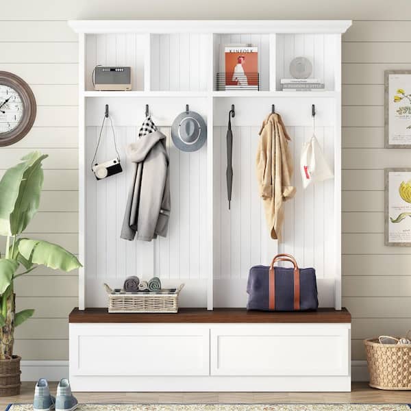 4 in 1 White Farmhouse Hall Tree with Drawers and Versatile Coat Rack