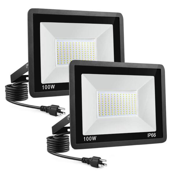 100-Watt Black Plug-In LED Flood Light Adjustable IP66 Waterproof Security Light for Yard Garage Patio 120-Volt (2-Pack)