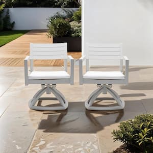 White Swivel Metal Outdoor Dining Chair with White Cushions (2-Pack)
