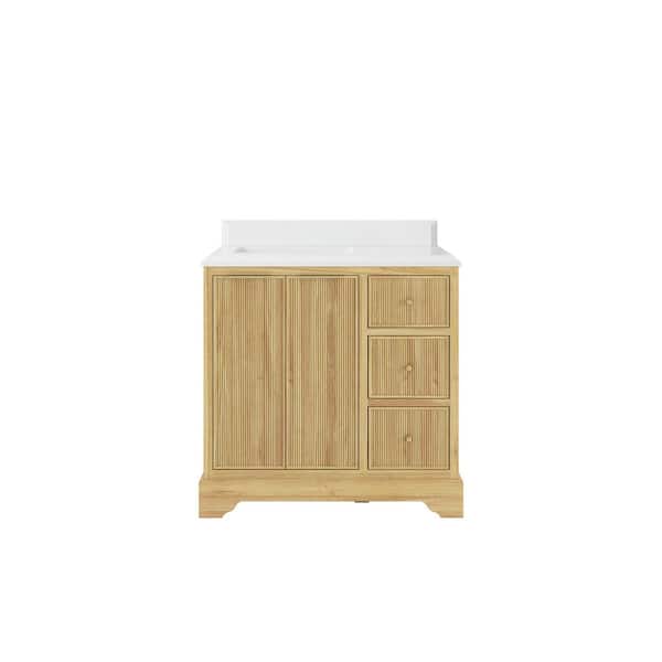 Willow Collections Austin Teak 36 in. W x 22 in. D x 36 in. H Left Offset Sink Bath Vanity in Light Teak with 1.5 in. White Quartz Top
