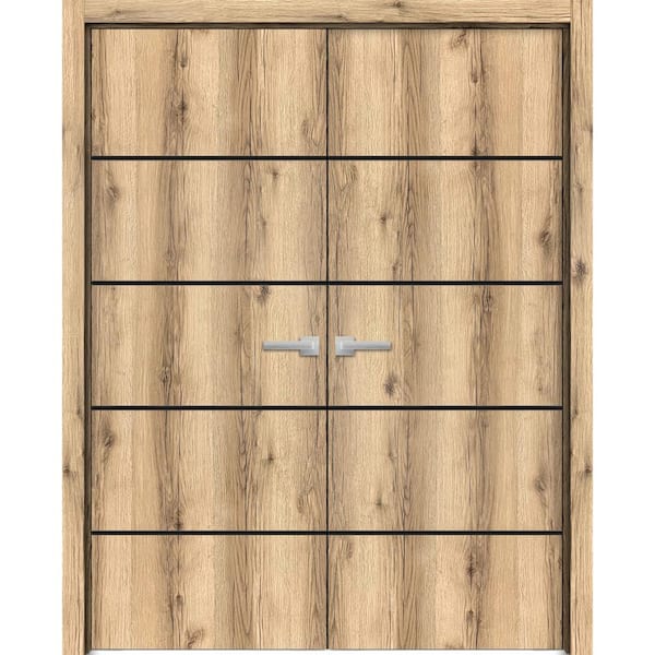 Sartodoors 72 in. x 80 in. 2 Panel Oak Color Finished Solid Wood with Honeycomb Sliding Door with Hardware