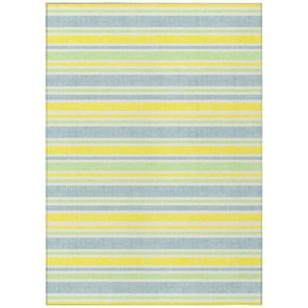 Blue and Yellow 5 ft. x 8 ft. Woven Striped Polyester Rectangle Indoor/Outdoor Area Rug