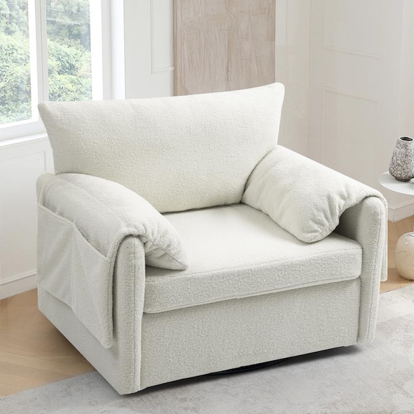 White Oversized 360° Swivel Armchair Modern Teddy Fabric Accent Chair with Storage Pockets