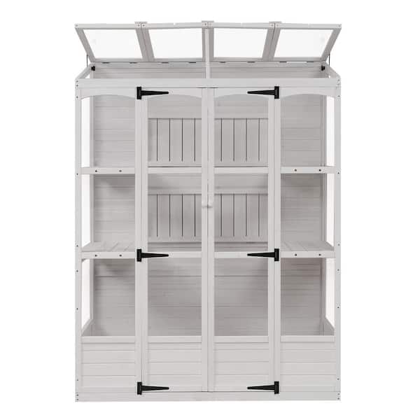 Tunearary 78 in. Walk-In Fir Wood White Outdoor Greenhouse Trellis with 4 Independent Skylights and 2 Foldable Middle Shelves