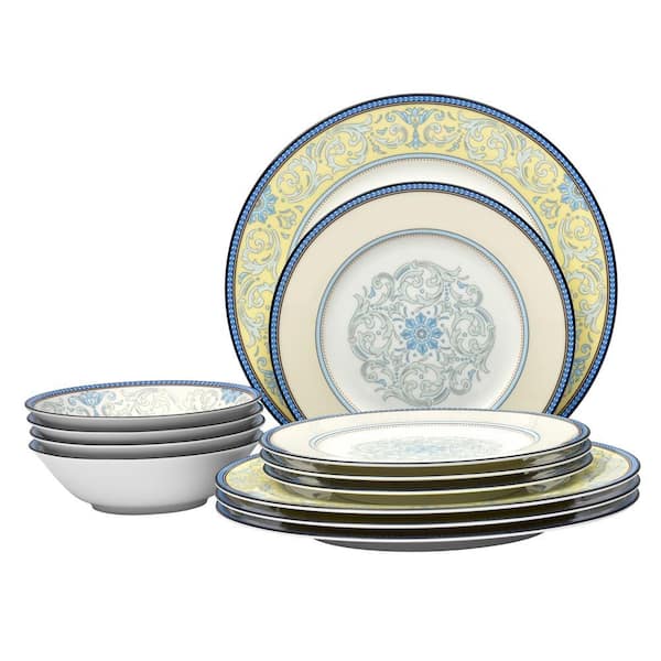 Menorca Palace 12-Piece (Blue/Yellow) Bone China Dinnerware Set, Service for 4