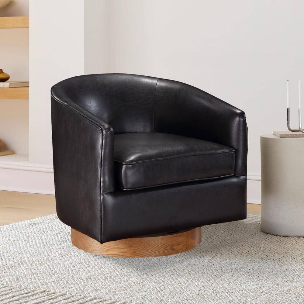 Irving Brown Faux Leather Wood Base Barrel Accent Chair with Swivel