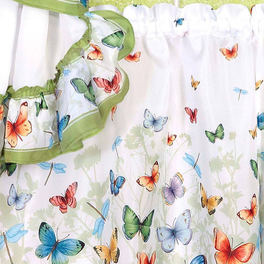 White and Green Butterfly Print Polyester Kitchen Tier Curtains