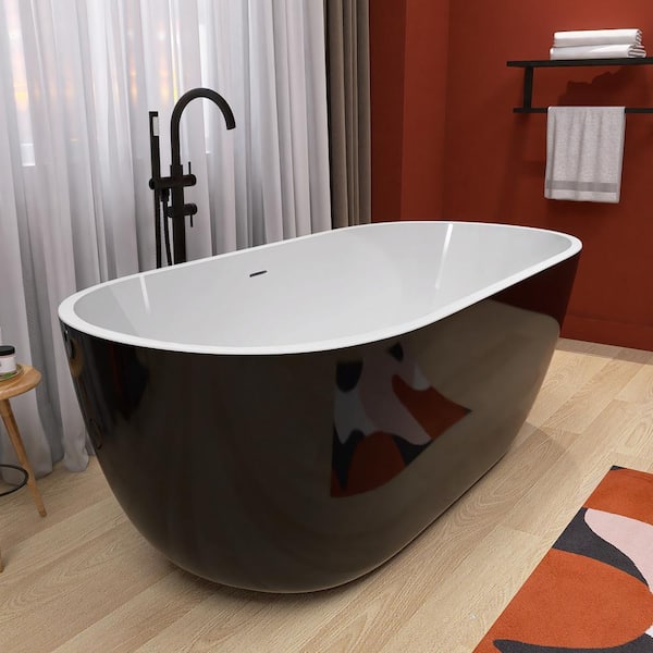 55 in. x 29.5 in. Acrylic Freestanding Soaking Bathtub Oval Flatbottom Tub with Center Drain Free Standing Tub in Black